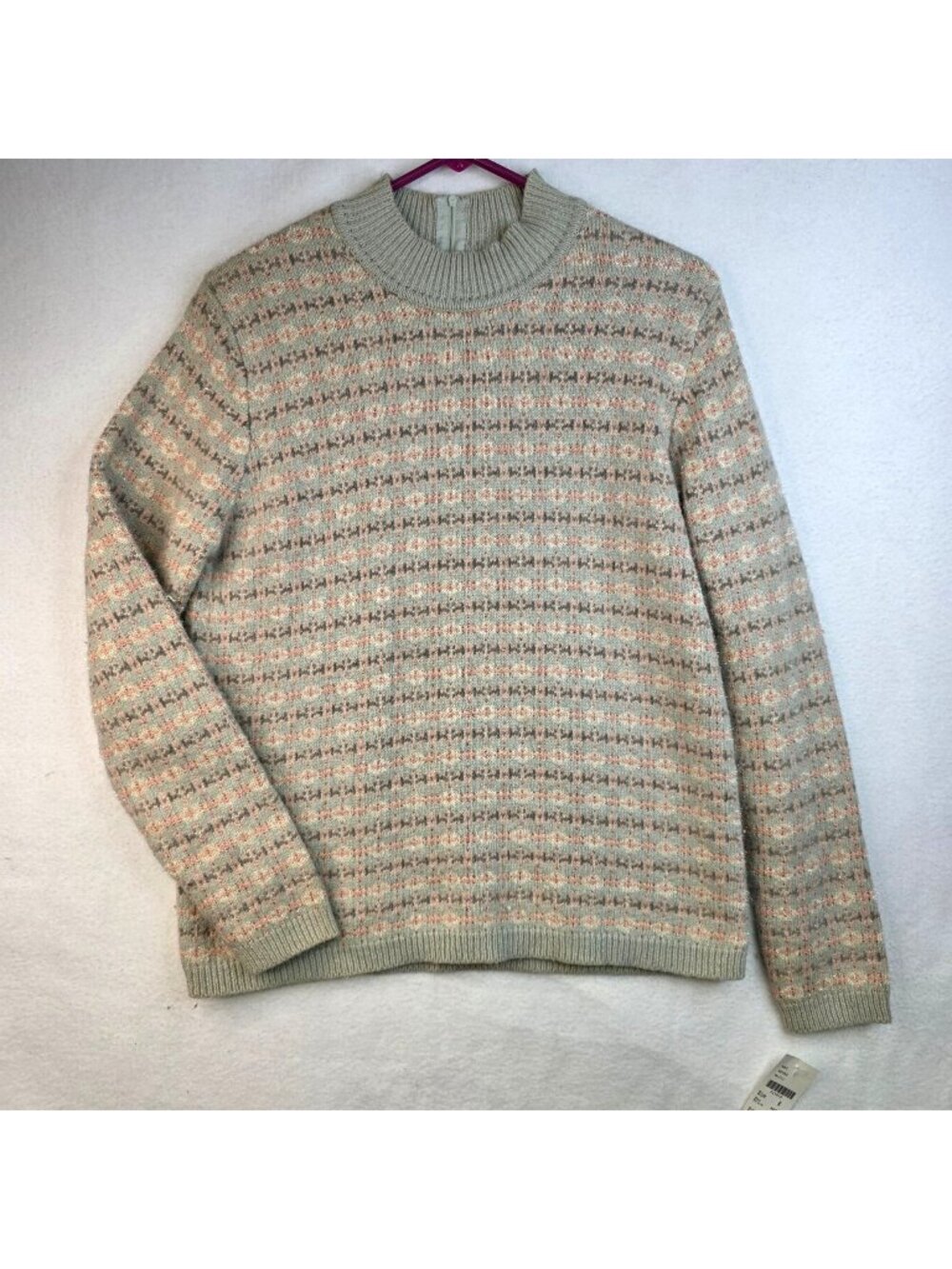 Vintage 90s M Angora Blend Sweater Green Pink Geometric Retro Deadstock Cottage